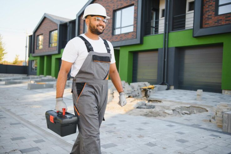 Construction worker in overalls and hard hat carrying a toolbox, walking on a paved pathway near townhouses.