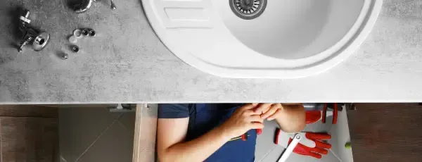 Person fixing a sink, visible from below. Sink basin and tools on counter above.