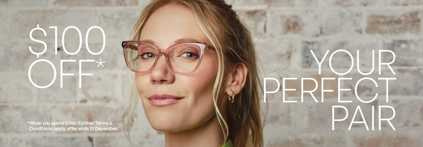 Woman wearing glasses $100 OFF glasses”