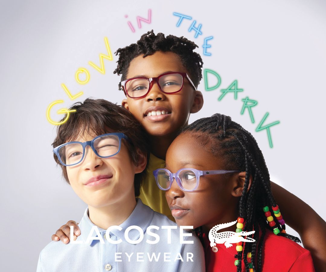 Three children wearing glasses. Text: 