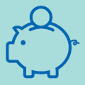 Blue outline of a piggy bank with a coin being inserted.