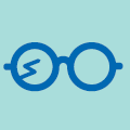 Blue glasses with a lightning bolt in one lens, on a light teal background.