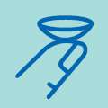 Blue line drawing of a finger holding a contact lens.
