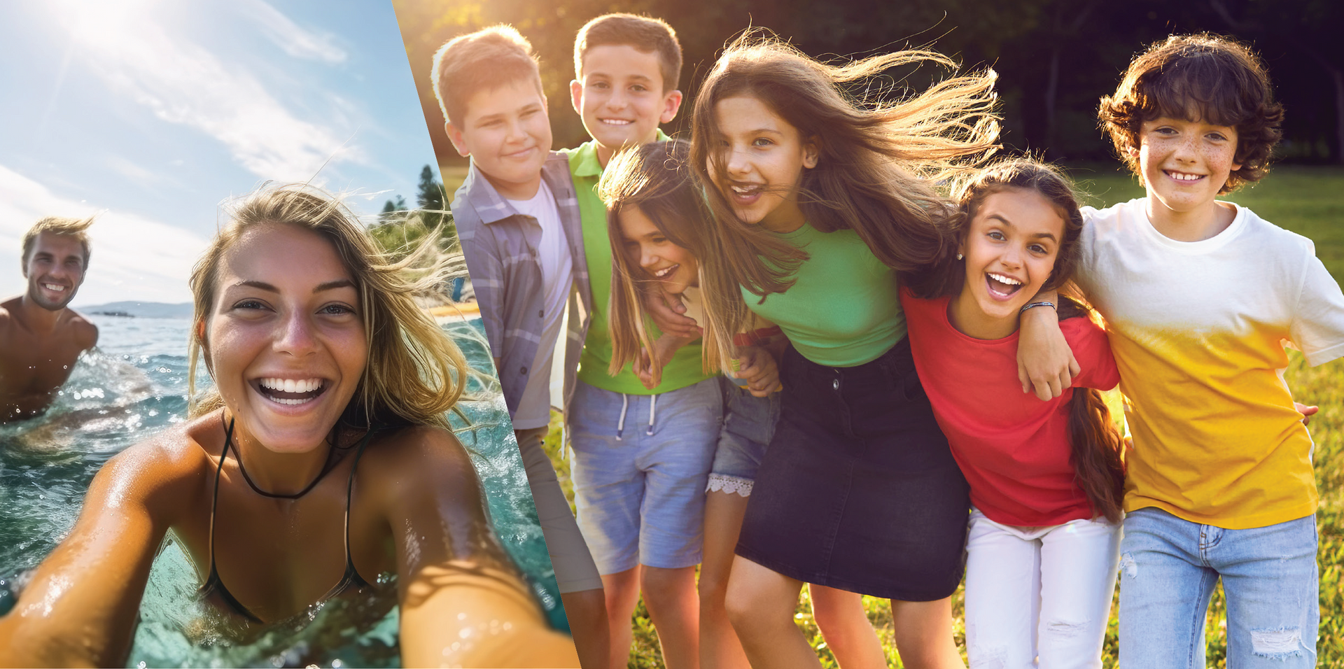 Woman in water smiles; a group of smiling children stand on grass; sunny day.