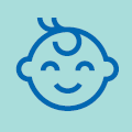 Blue outline of a smiling baby's face on a light blue background.
