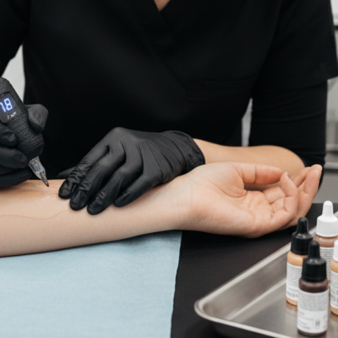 Tattoo artist in black gloves tattooing a forearm beside ink bottles and a metal tray