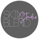 Skin Blend Studio logo in light gray and pink on a dark gray circle background