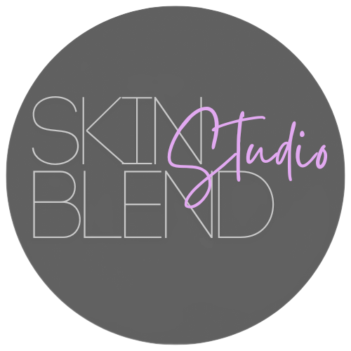 Skin Blend Studio logo in light gray and pink on a dark gray circle background