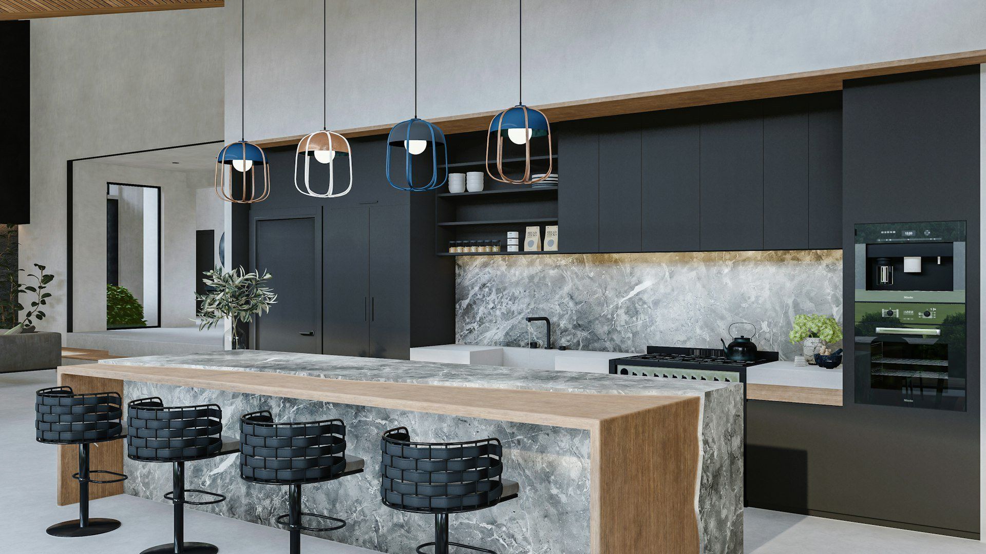 A finished high-end kitchen with a stone island