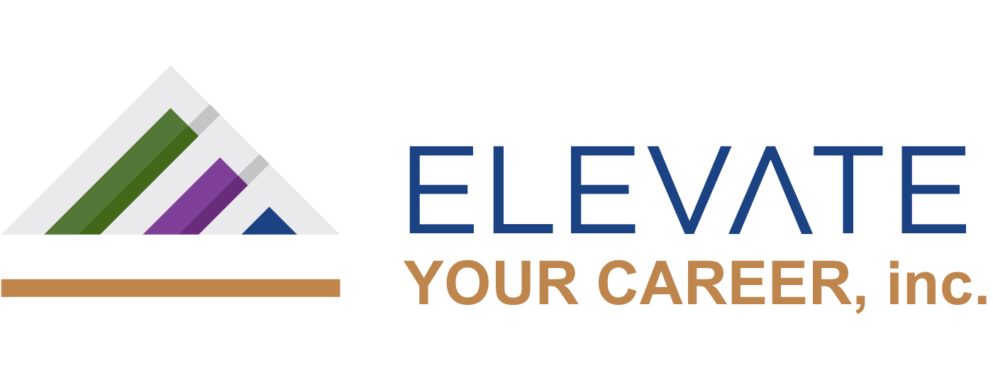 A logo for elevate your career inc. with a mountain in the background.