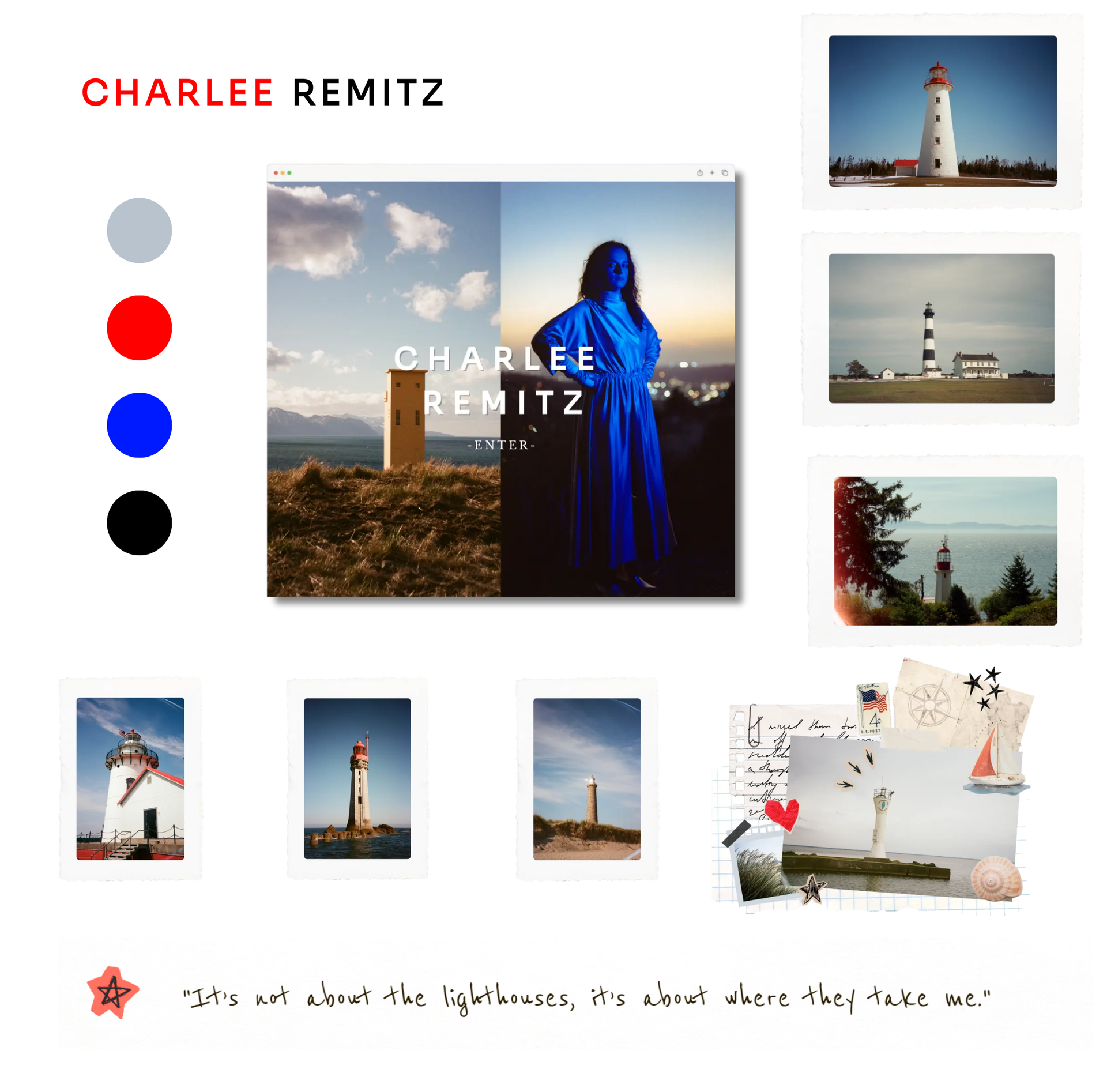 Collage of lighthouse photos and a person in a blue coat on a rocky shore, titled “CHARLEE REMITZ”