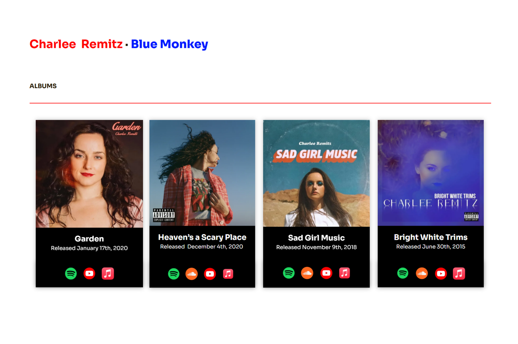 Music album page showing 4 of  Charlee Remitz album covers and streaming platforms