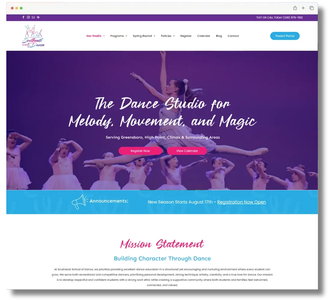 Web page mockup for the Southeast School of Dance