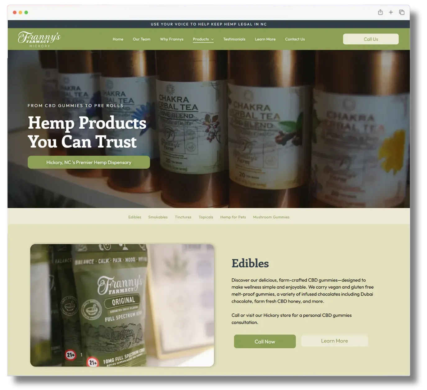 website mockup of Franny's Farmacy Hickory's website