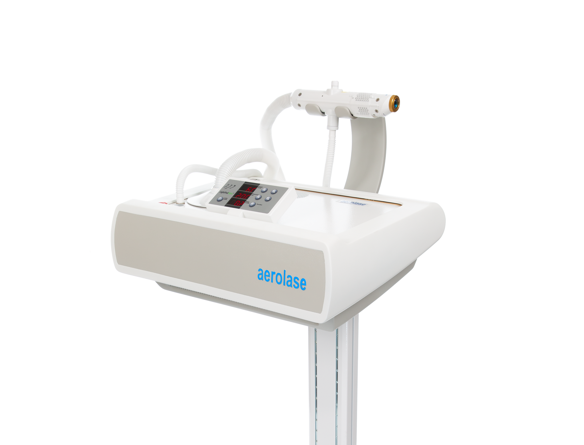 White medical device with a handheld applicator mounted on a stand