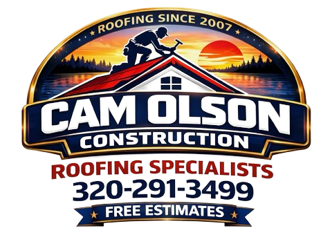 Cam Olson Construction roofing specialists logo with roof scene, phone number, and free estimates banner