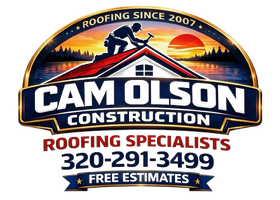 Cam Olson Construction roofing specialists logo with roof scene, phone number, and free estimates banner