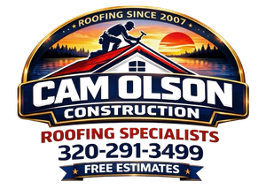 Cam Olson Construction roofing specialists logo with roof scene, phone number, and free estimates banner