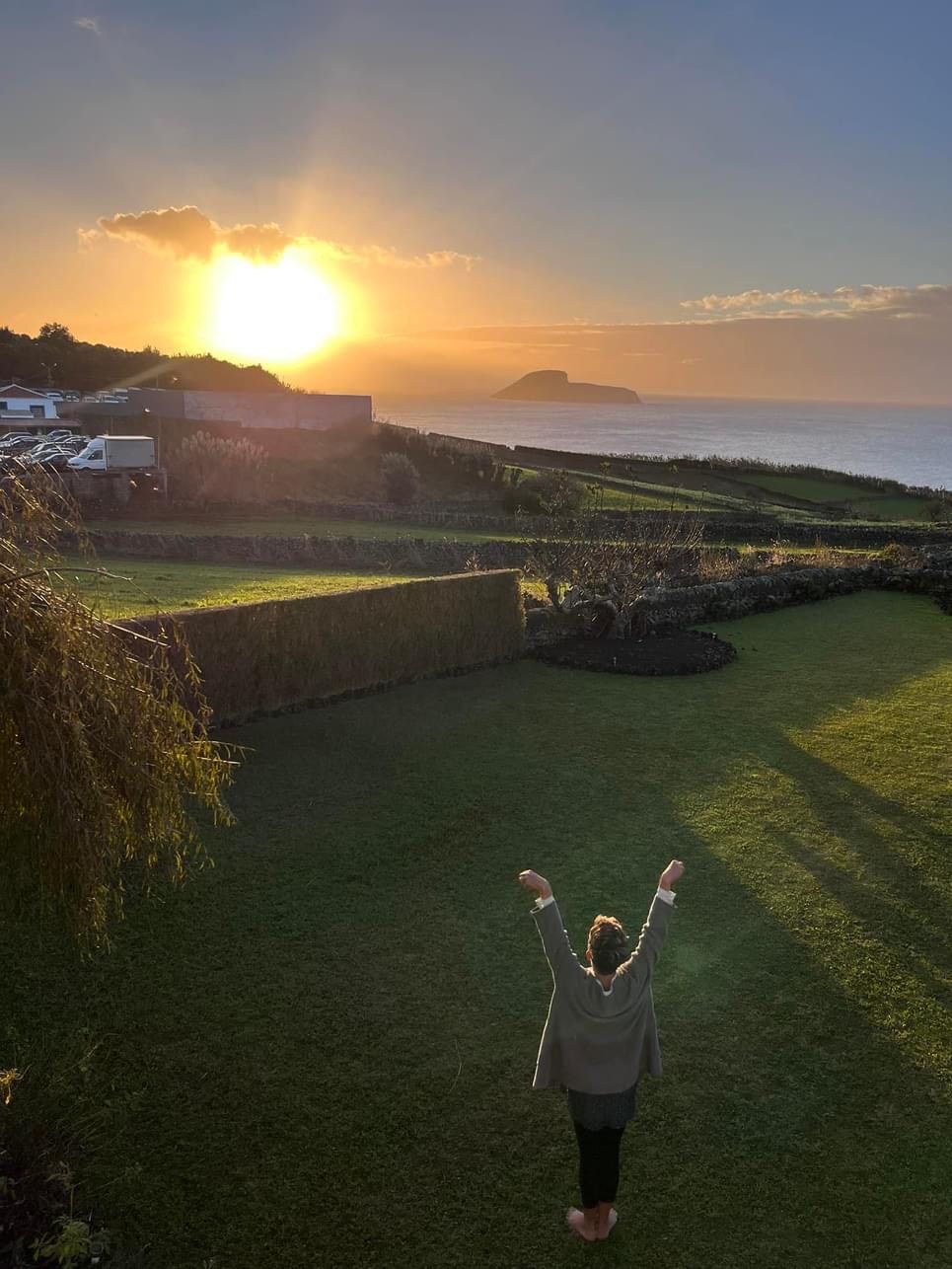 Person with arms raised stands in a grassy field, facing a sunset over the ocean.