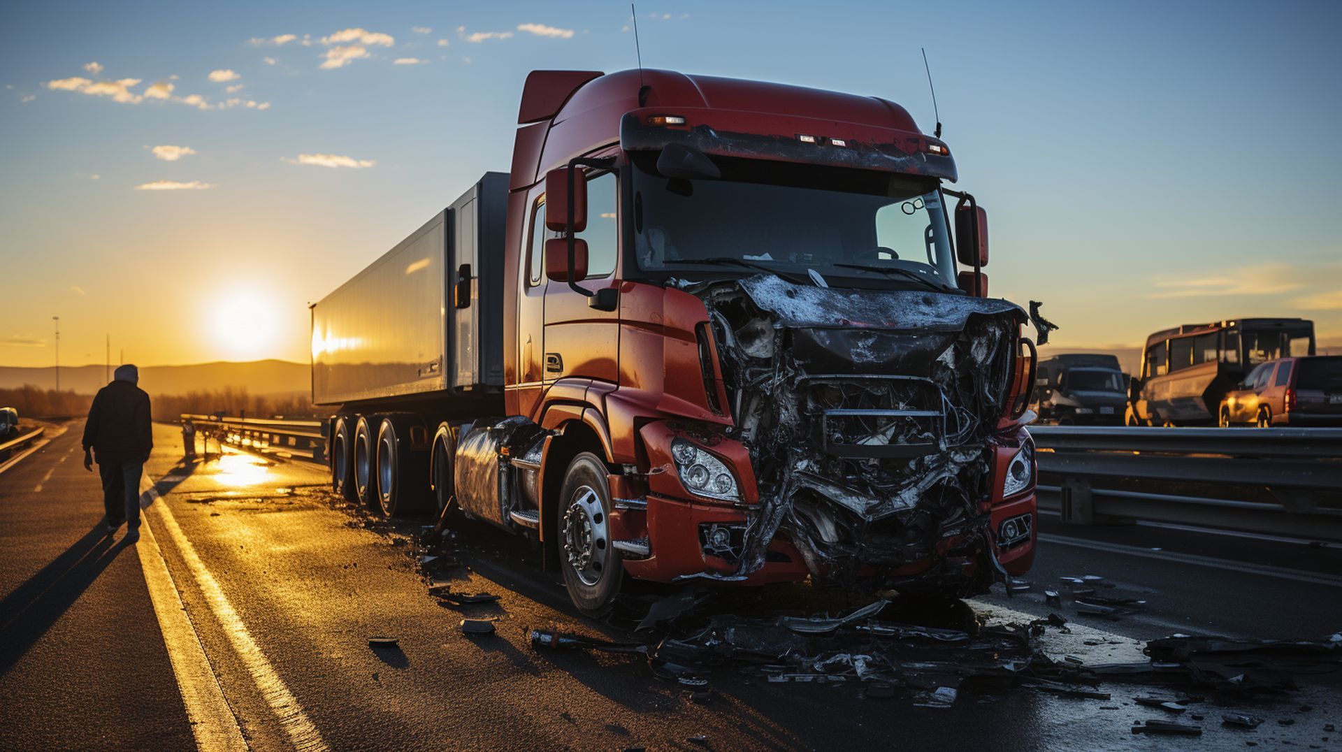Damaged red semi-truck on a highway after a crash,representing truck accident attorney in Kalamazoo.
