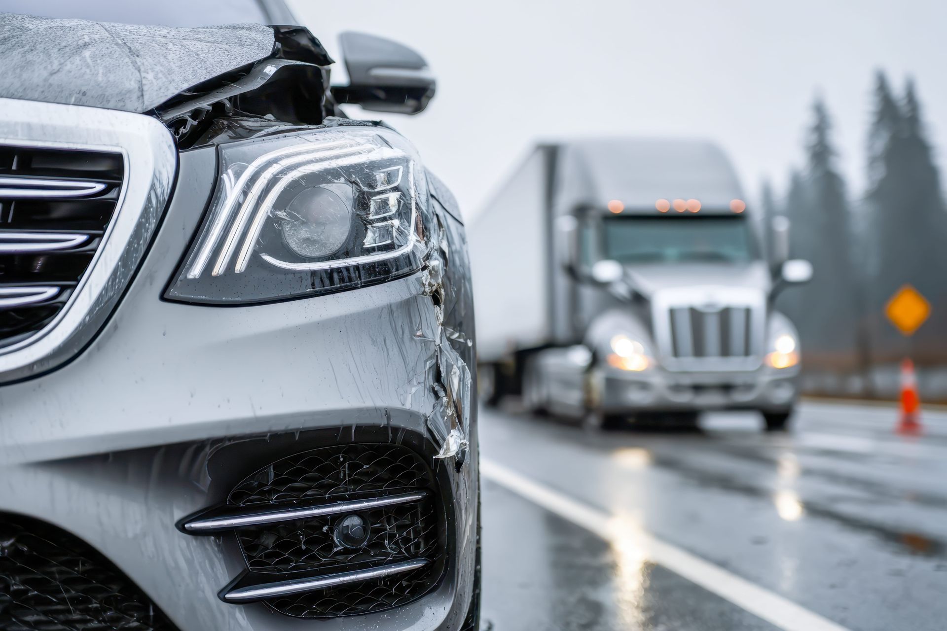 Close-up of a silver car in rainy traffic, with a semi truck behind on a wet road.