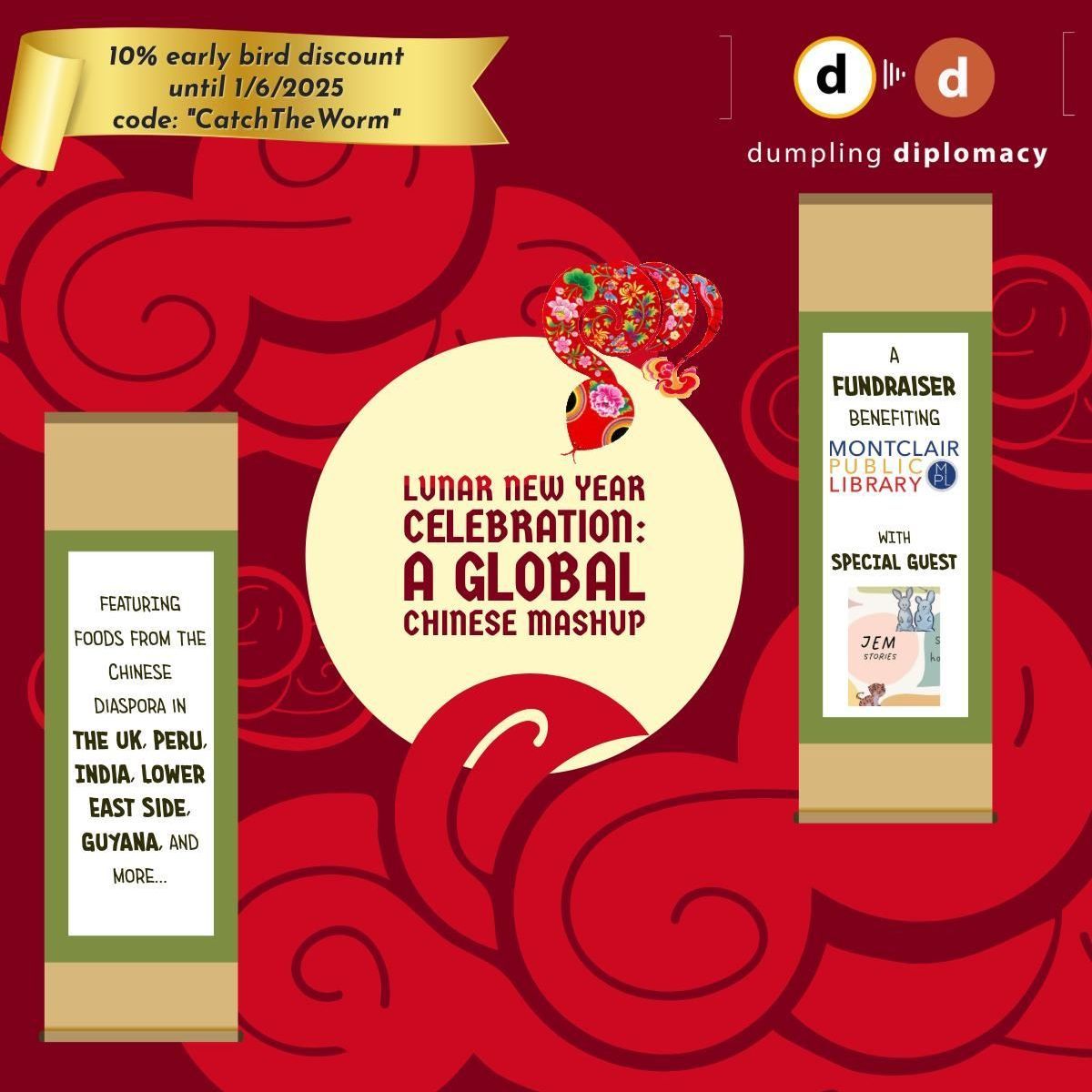 Red poster for Lunar New Year celebration with dumpling diplomacy branding and product packages on both sides