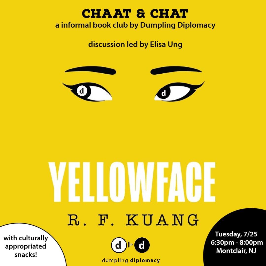 Yellow book cover with stylized eyes and the title “Yellowface” by R.F. Kuang