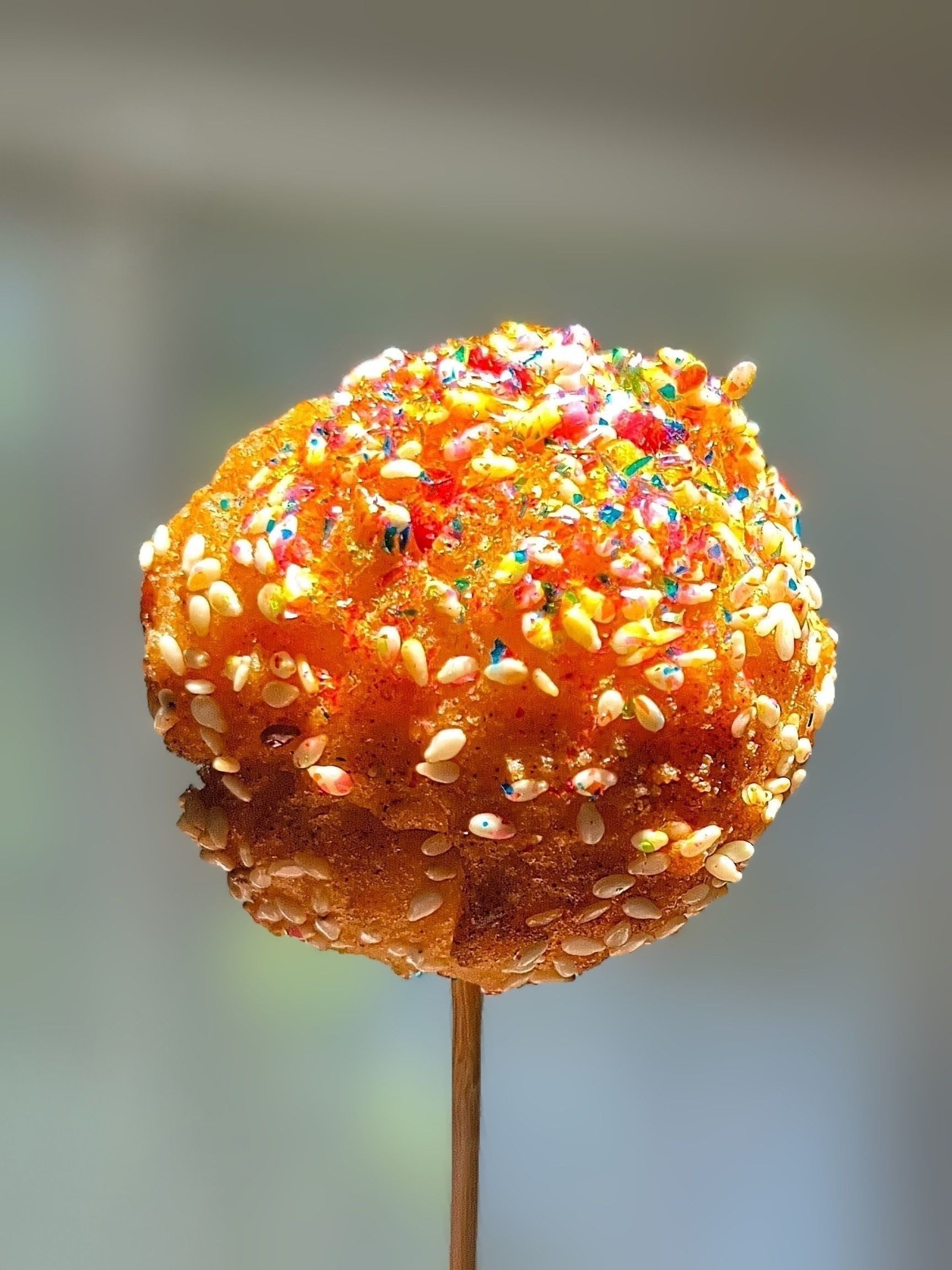Colorful sprinkle-covered cake pop on a stick against a blurred background
