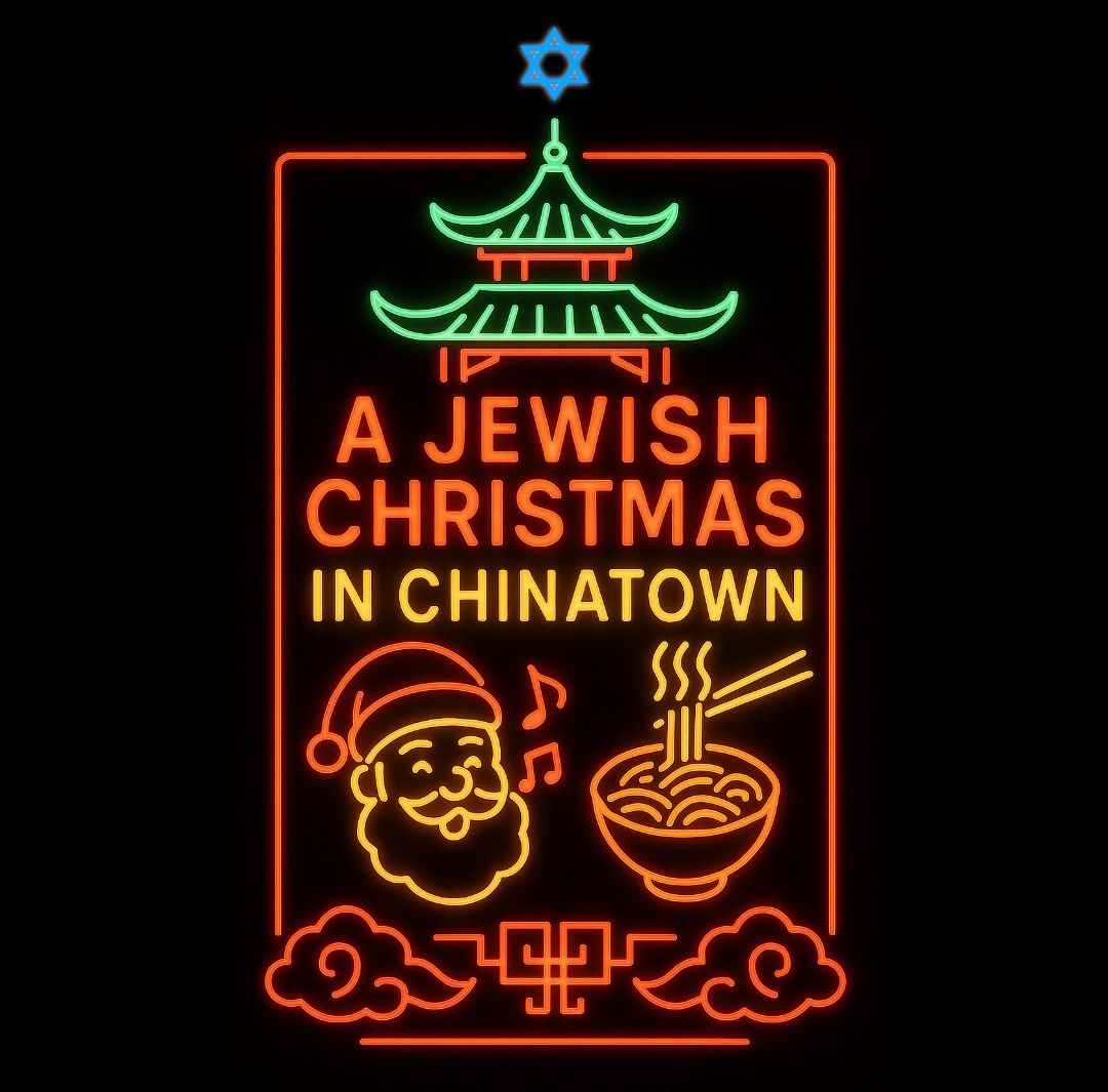 Neon sign reading “A Jewish Christmas in Chinatown” with red, green, and blue festive icons