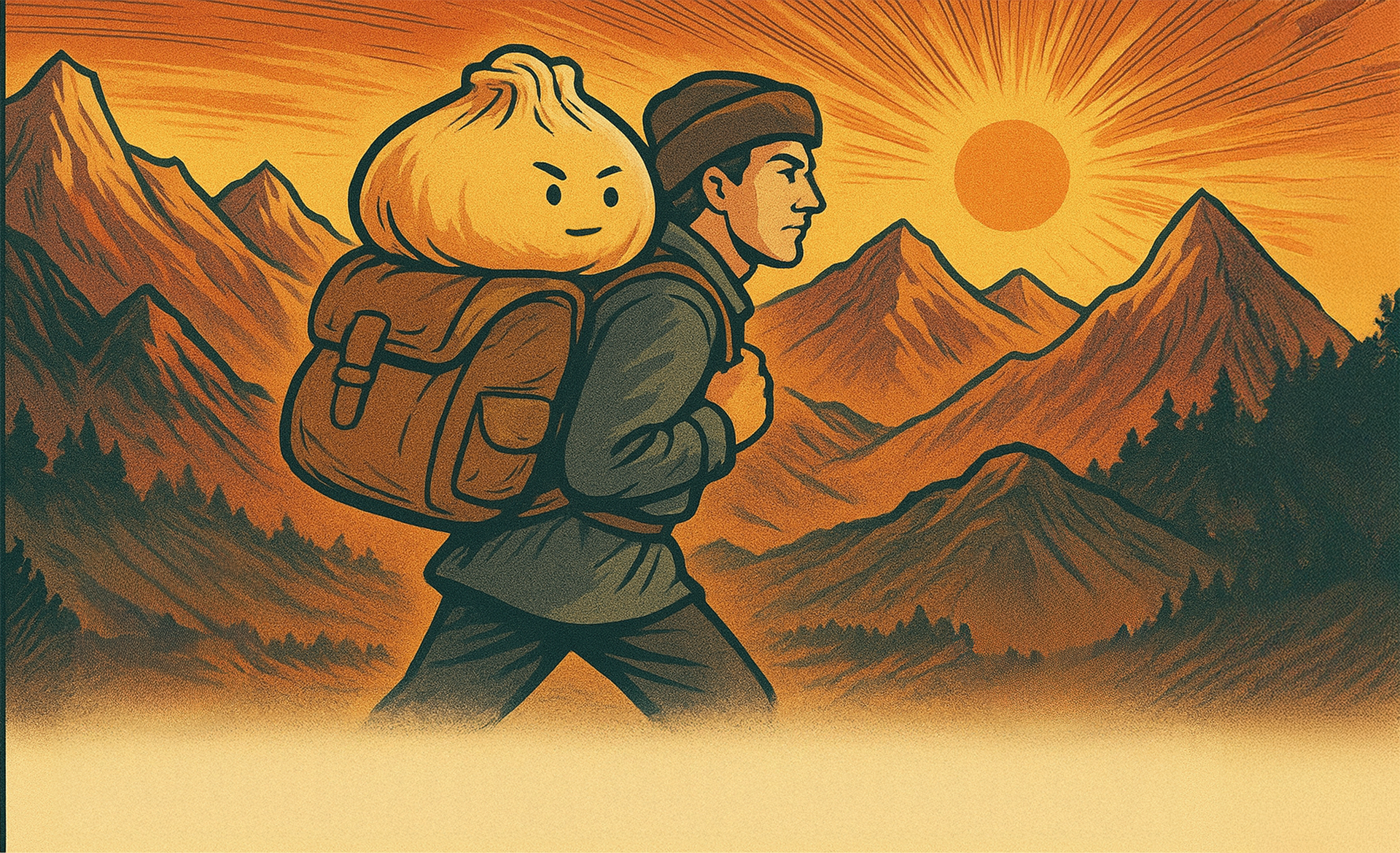 Hiker with backpack and smiling bundle walks through orange mountains at sunset