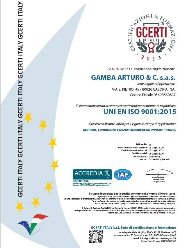 Siamo certificati UNI EN ISO 9001:2015 per la gestione, conduzione e manutenzione degli impianti termici, a testimonianza del nostro impegno nella qualità e nell’efficienza dei servizi offerti.