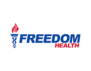 The logo for freedom health has a caduceus and a torch on it.