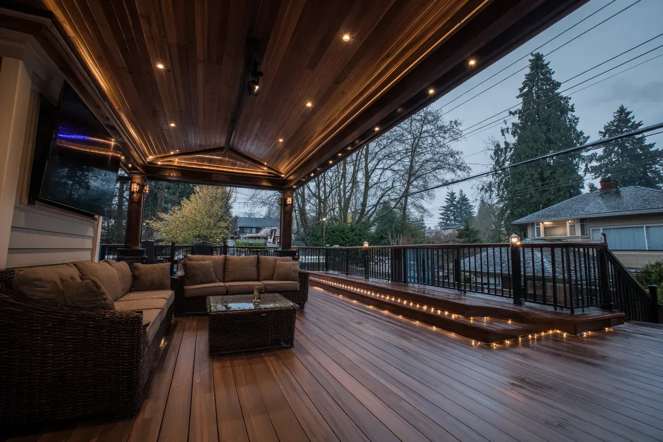 Hot Tub Deck Burnaby reinforces beams for spa weight and splash zone exposure. Moisture-resistant material extends life. Relaxation at home.
Fire Pit Deck Burnaby becomes a nighttime gathering zone. Heat features add warmth in colder months. Perfect for conversation around flames.
Garden Deck Burnaby integrates planters and trellis greenery for soft landscape blending. Adds calm energy. Great for nature lovers.
Eco Composite Deck Burnaby uses recycled content boards to reduce waste footprint. Durable with minimal care. Smart green choice.
Heavy-Use Deck Burnaby fits high-traffic families or rental units. Robust composite withstands abrasion. Zero splinter risk.