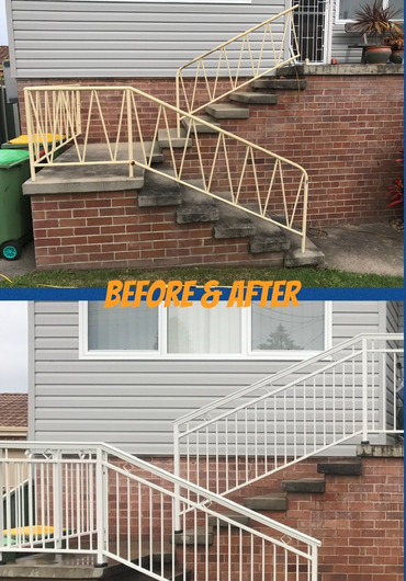 Before and after photos of exterior stairs and railings painted white. Brick base, gray siding.