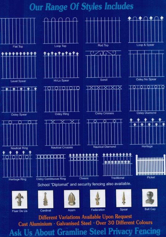 Brochure showcasing various steel fence styles in a blue background.