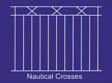 Blue graphic of vertical lines with three diagonal crosses above, labeled 