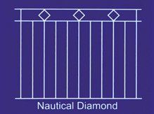 White line drawing of a railing with vertical bars, horizontal rails, and diamond accents on a blue background.