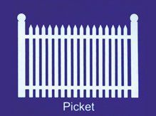 White picket fence on blue background; labeled 