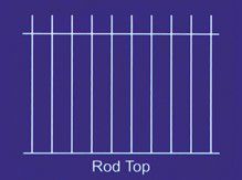 Rod top fence design, white vertical rods with horizontal top and bottom bars, against a blue background.