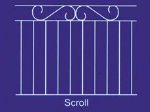 Blue print of a metal scroll design, vertical bars with decorative top scrollwork.