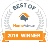 HomeAdvisor "Best of 2016 Winner" badge: orange and white award with a house icon and text.