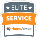 HomeAdvisor "Elite Service" badge; orange ribbon and gray banner with stars; HomeAdvisor logo.