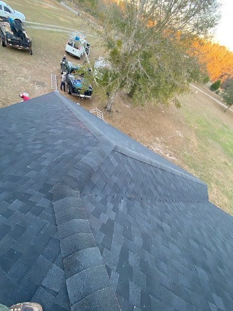Dark shingled roof with a black car and people in the background, near a tree on a grassy hill.