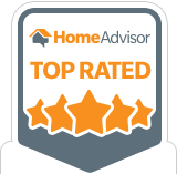 HomeAdvisor Top Rated badge with gray background, orange stars, and text.