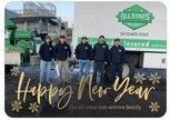 Five men in Allstars Roofing uniforms standing by truck with Happy New Year message. Five men in Allstars Roofing uniforms standing by truck with Happy New Year message.