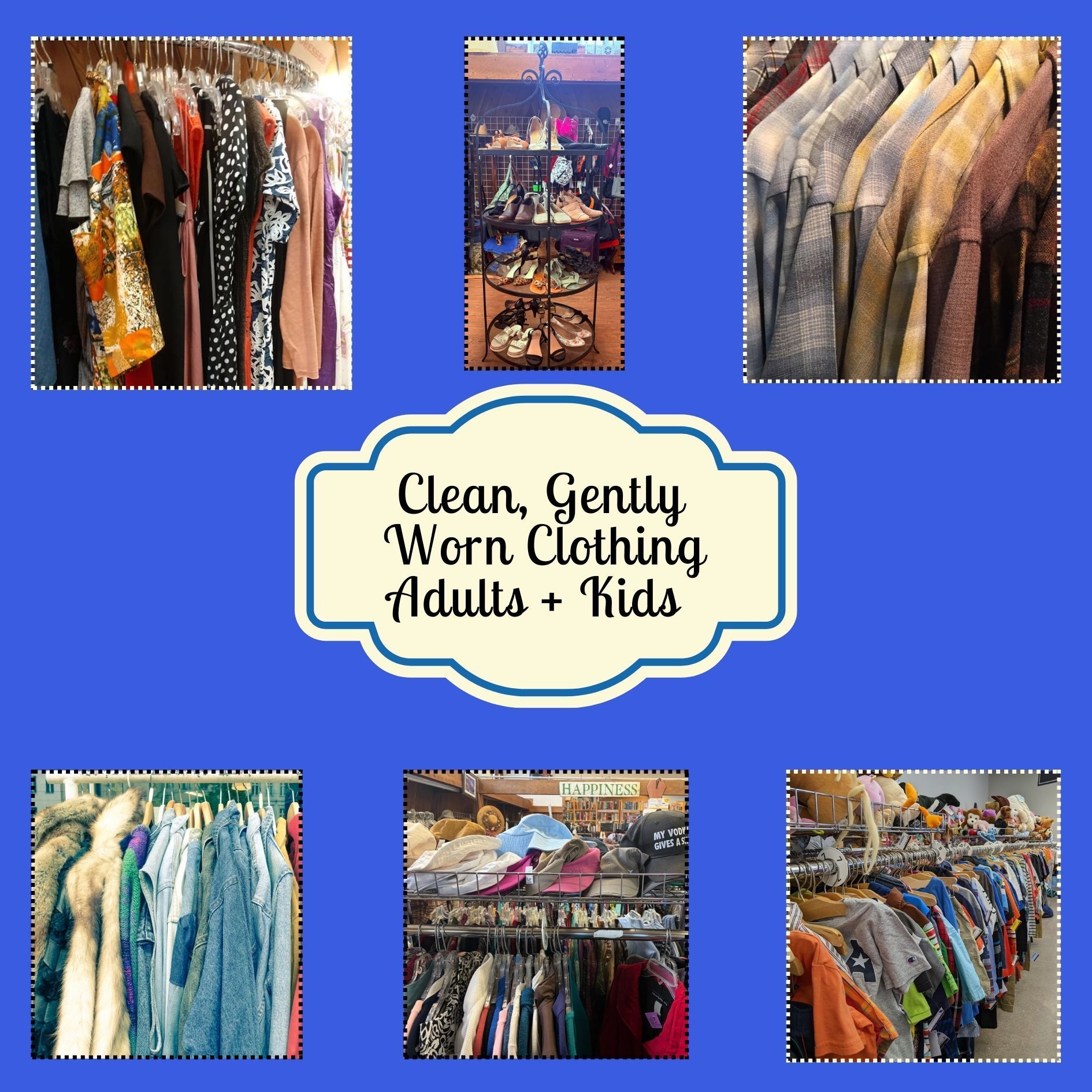 Clothing store display: racks of clothes, shoes, and a sign that says