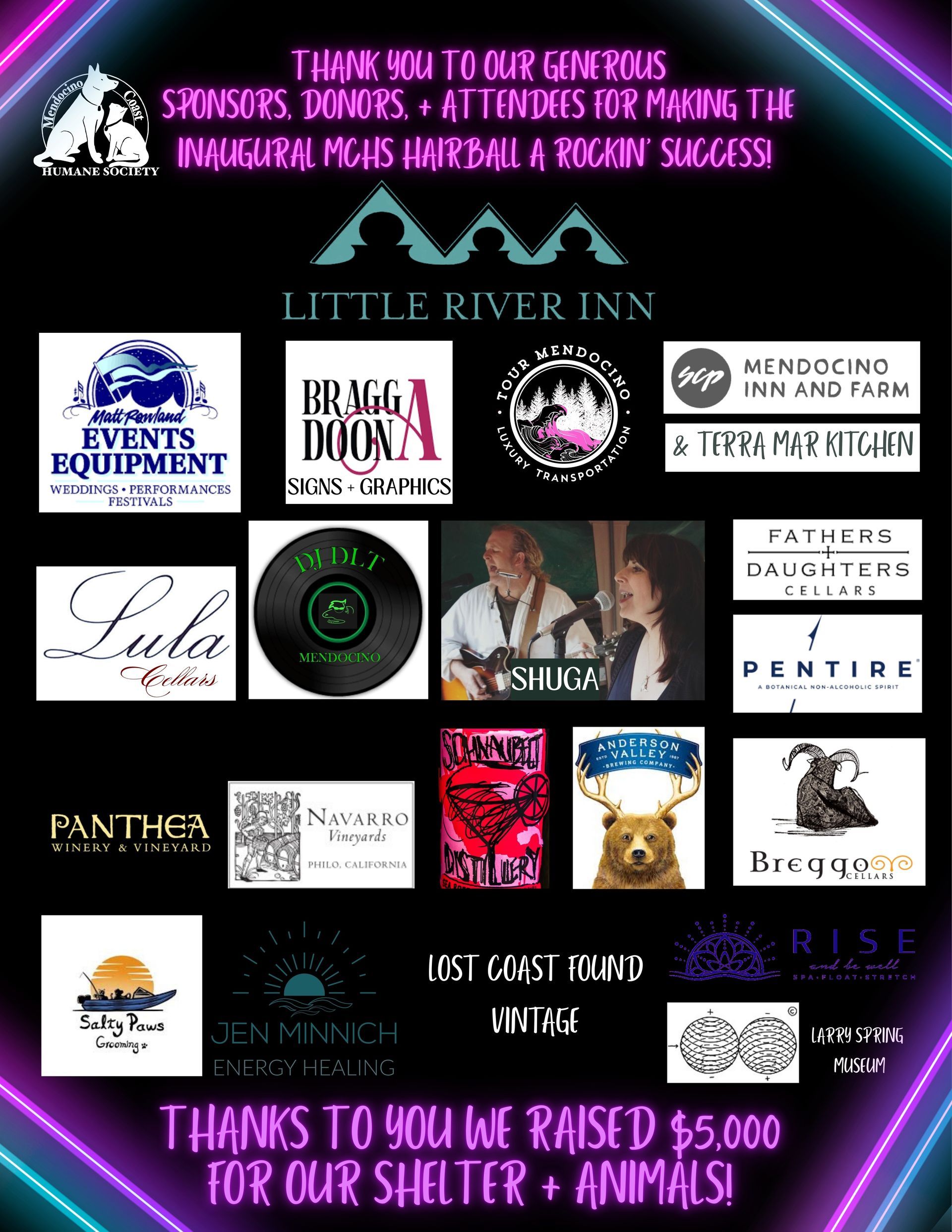 A thank you graphic with sponsor logos. Text states they raised $5,000 for a shelter. Neon pink/purple accents.
