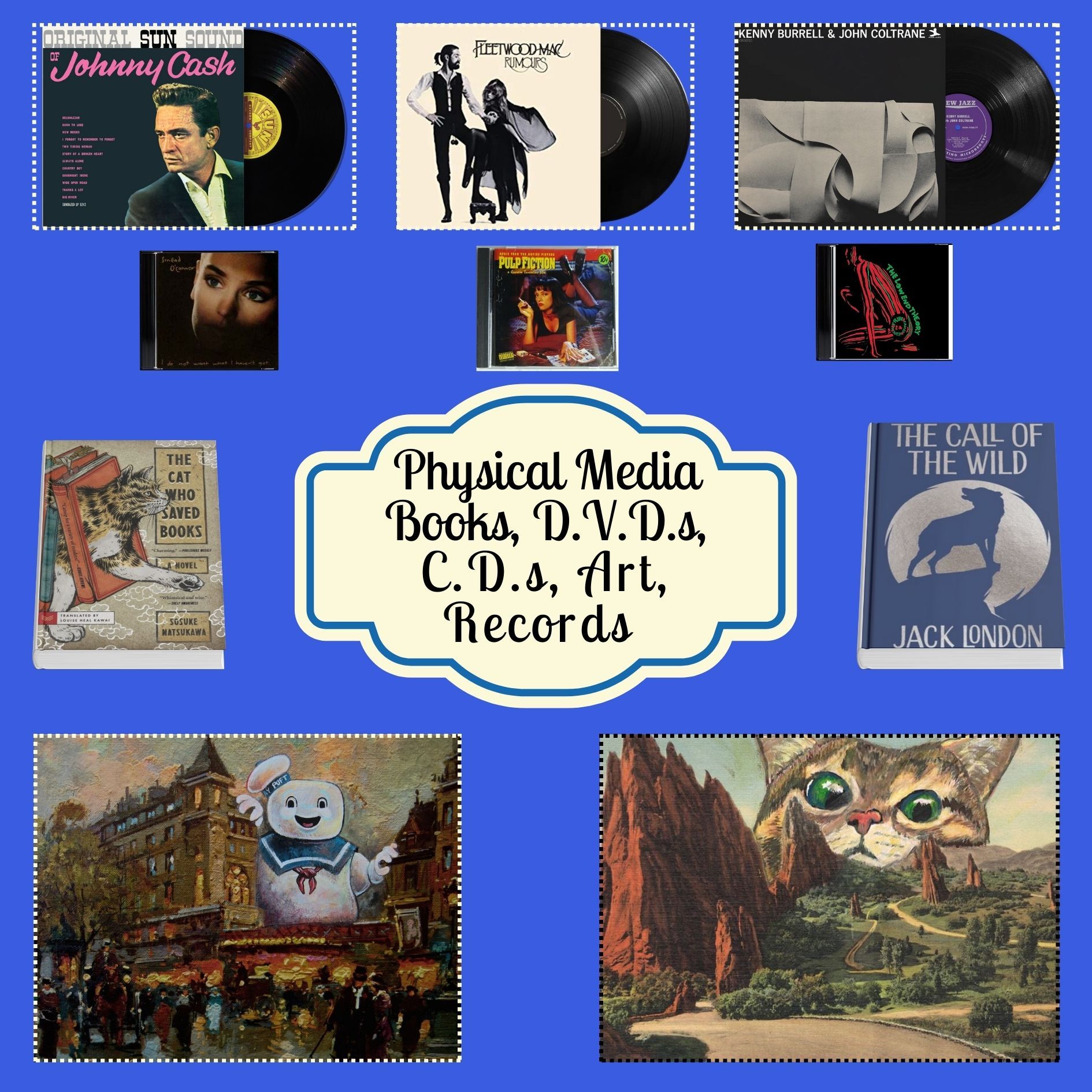 Collection of physical media: records, CDs, DVDs, books, and artwork on a blue background.