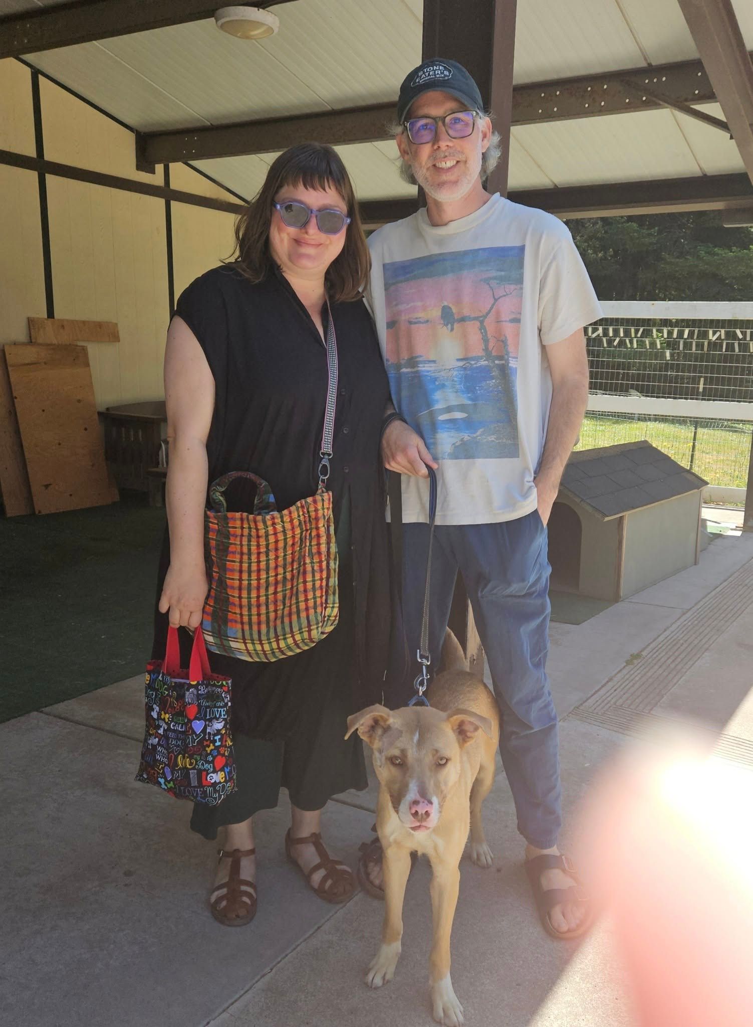 A woman and a man stand with a dog under a shelter, the woman holds a purse.
