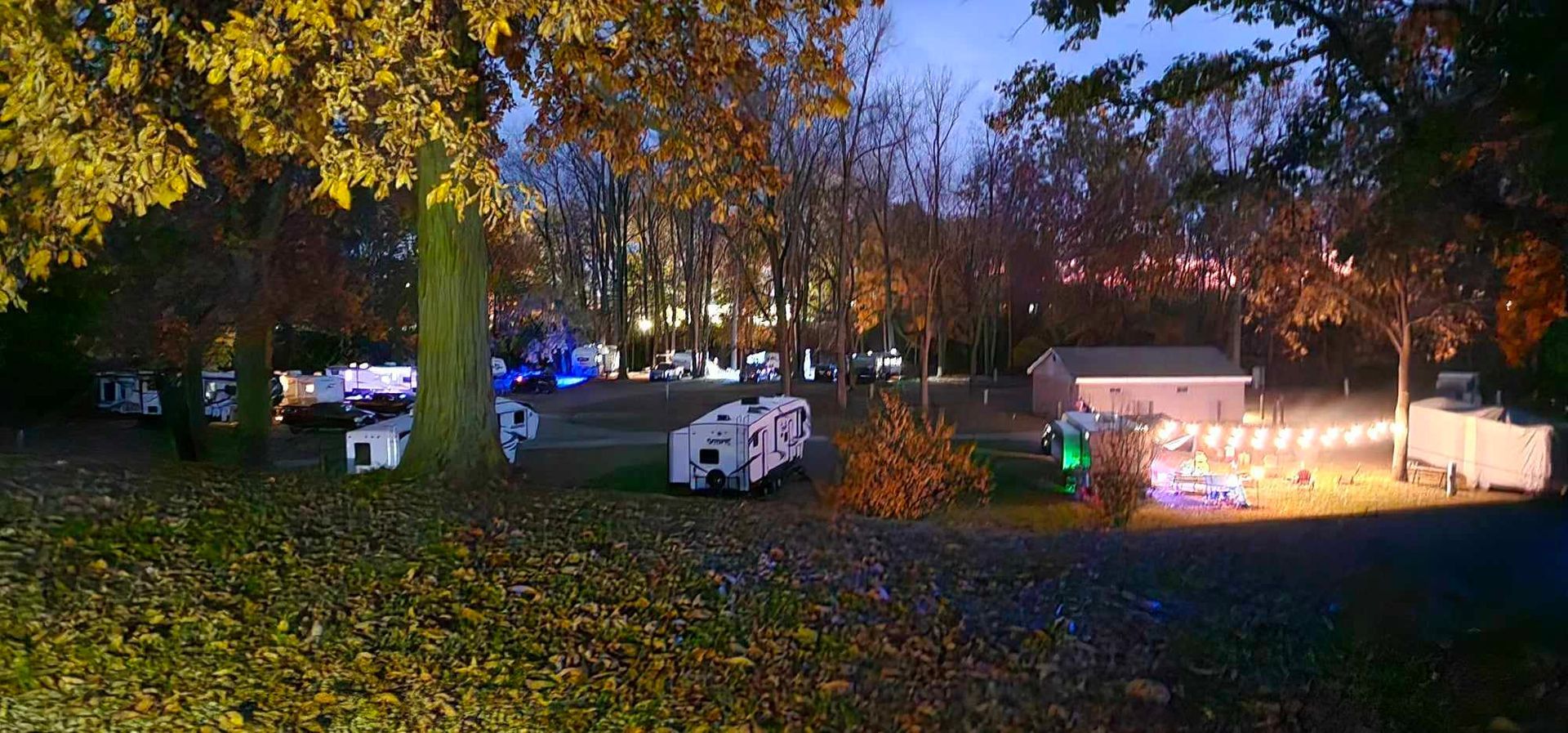 a row of rv 's are parked in a campground at night